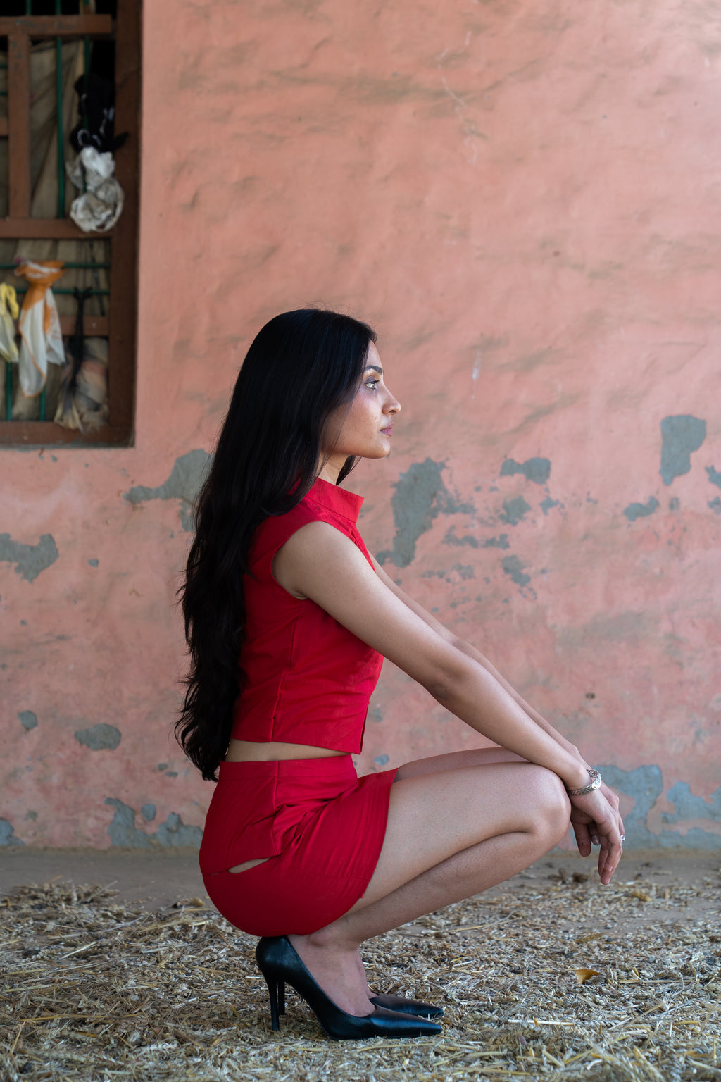 Red Mini Skirt with Cut-Out