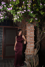 luxury wine silk satin evening gown malang studios