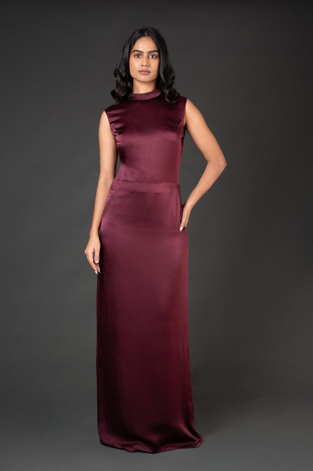 deep wine textured column dress premium fashion