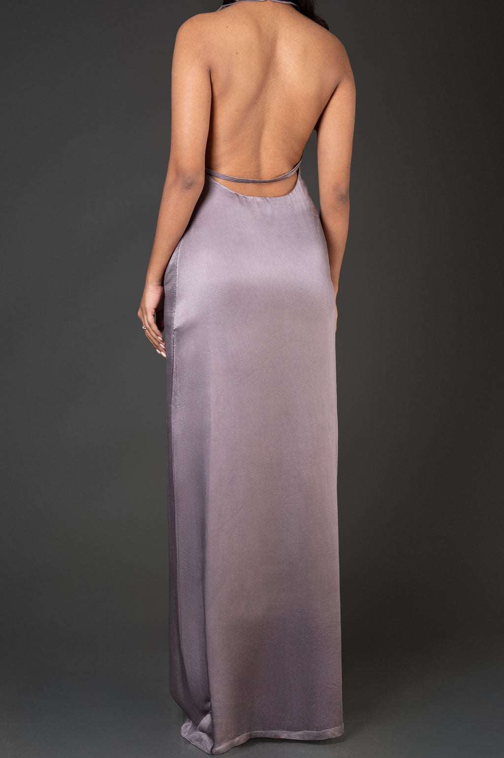 premium textured column dress muted ash tone luxury fashion