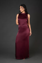 pure silk satin gown deep wine colour luxury fashion